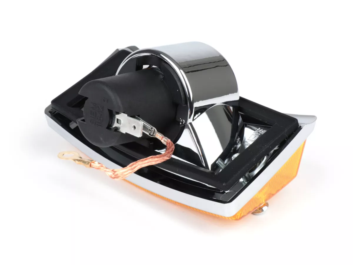 Indicator -SIEM- Vespa PX80, PX125, PX150, PX200, T5 125cc - chromen behuizing - oranje lenzen - linksvoor