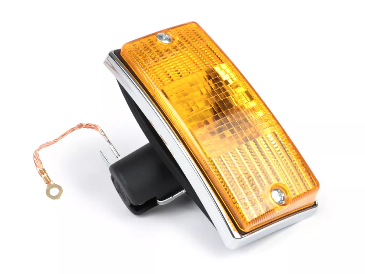 Indicator -SIEM- Vespa PX80, PX125, PX150, PX200, T5 125cc - chromen behuizing - oranje lenzen - linksvoor
