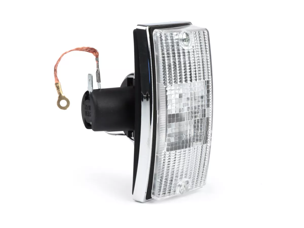 Indicador -SIEM- Vespa PX80, PX125, PX150, PX200, T5 125cc - carcasa cromada - lentes blancas - delantero izquierdo