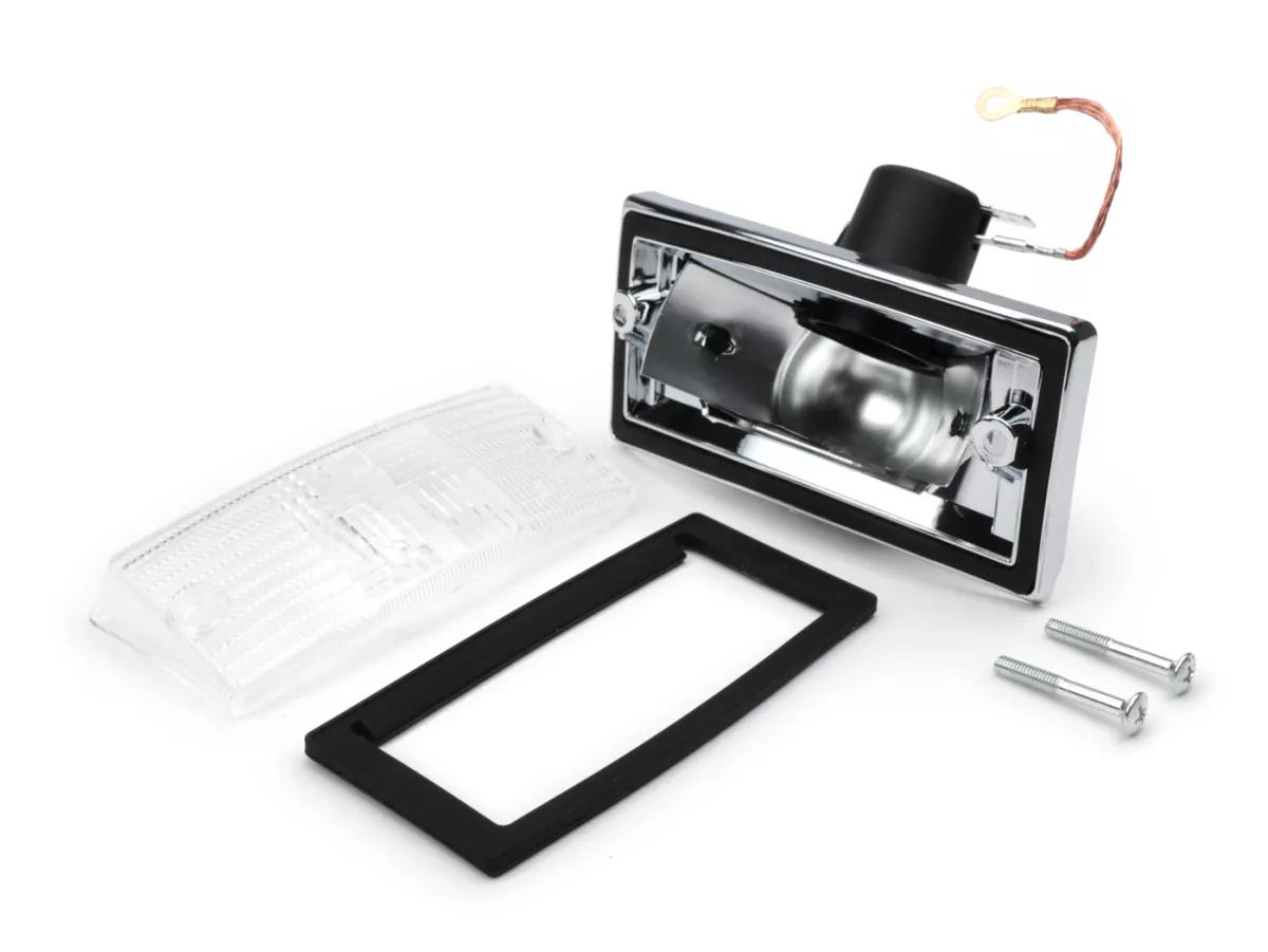 Indicador -SIEM- Vespa PX80, PX125, PX150, PX200, T5 125cc - carcasa cromada - lentes blancas - delantero izquierdo