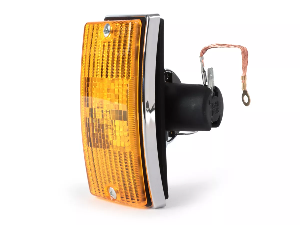 Indicator -SIEM- Vespa PX80, PX125, PX150, PX200, T5 125cc - chromen behuizing - oranje lenzen - rechtsvoor
