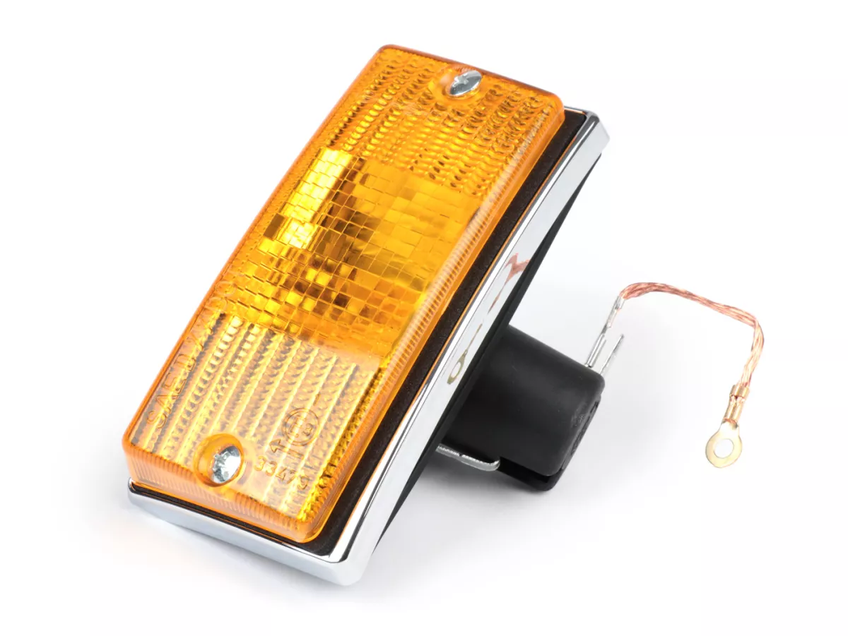Indicator -SIEM- Vespa PX80, PX125, PX150, PX200, T5 125cc - chromen behuizing - oranje lenzen - rechtsvoor