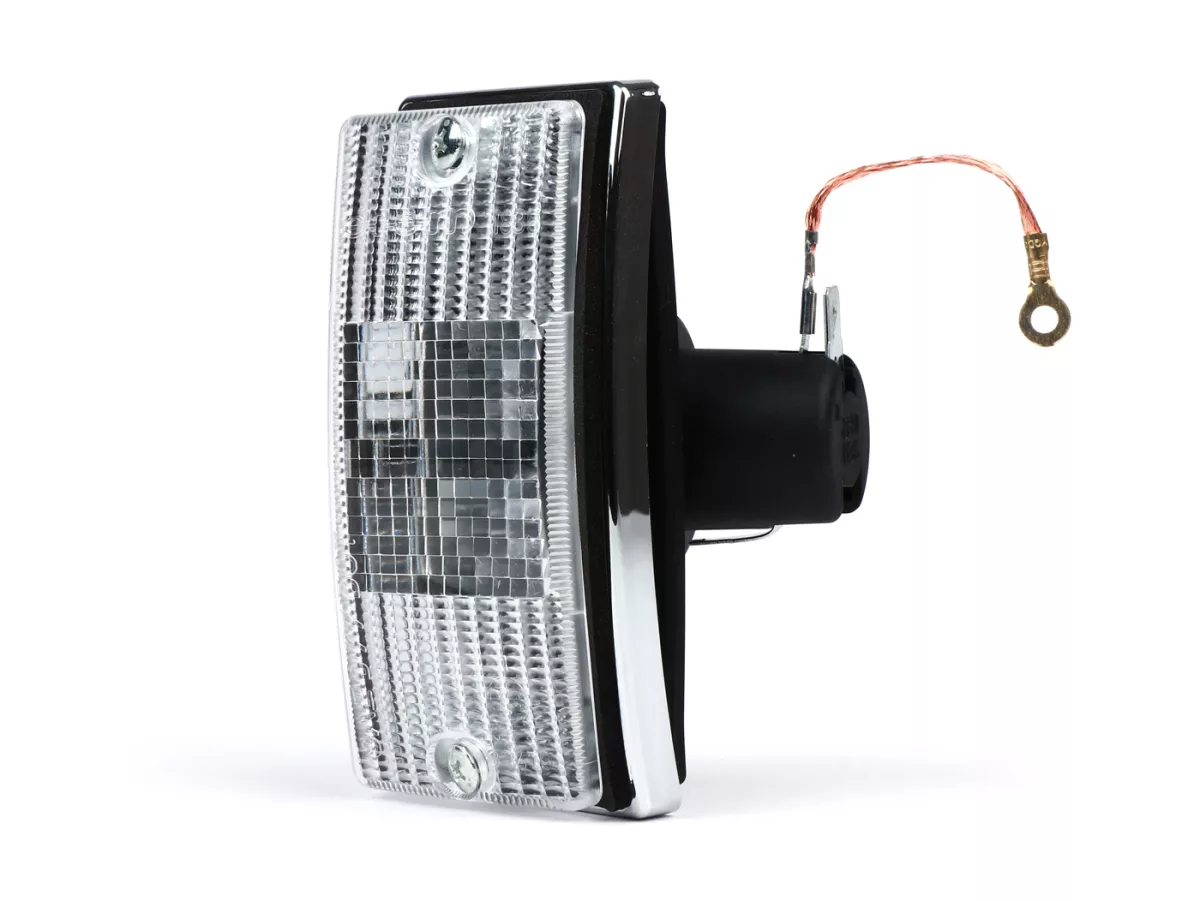 Indicador -SIEM- Vespa PX80, PX125, PX150, PX200, T5 125cc - carcasa cromada - lentes blancas - delantero derecho
