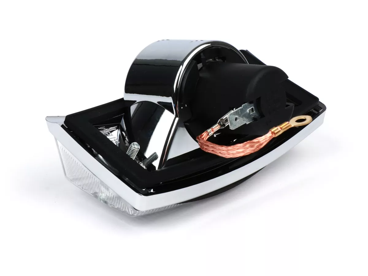 Indicador -SIEM- Vespa PX80, PX125, PX150, PX200, T5 125cc - carcasa cromada - lentes blancas - delantero derecho