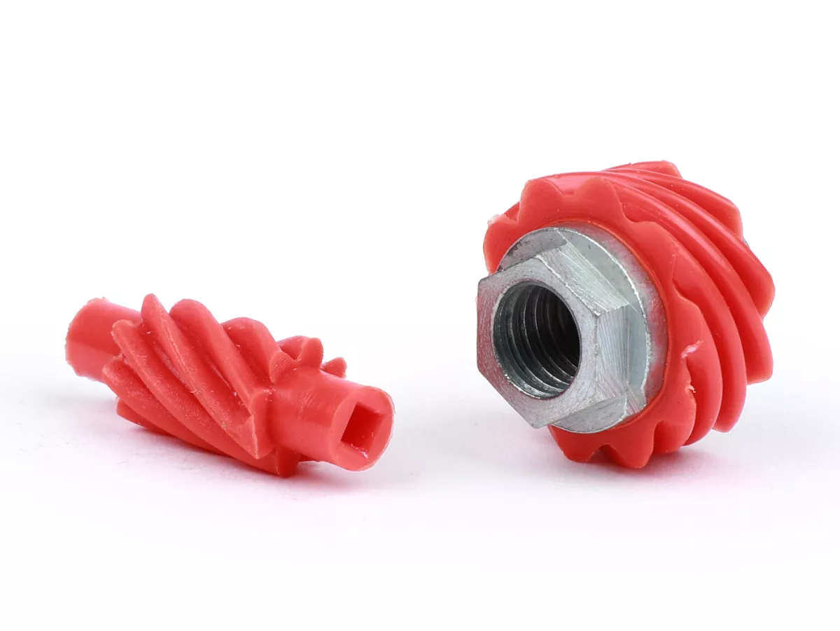 Snelheidsmeter worm set -CIF- Vespa 10 tanden, Ø=22.8mm, kunststof + 8 tanden, l= 31mm, 2.7mm vierkant, rood (gebruikt in Vespa V50, V90, PV125, ET3)