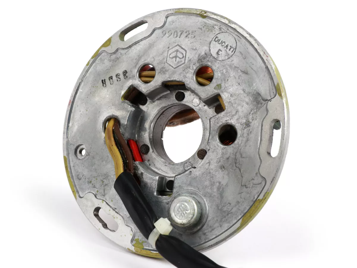 Encendido -PIAGGIO/DUCATI (NOS) placa base (encendido por contacto, 5 cables, 12V, AC)- Vespa PX - P125X, P150X, con regulador de tensión, con batería, con sistema intermitente de 4 vías, 2x cable amarillo