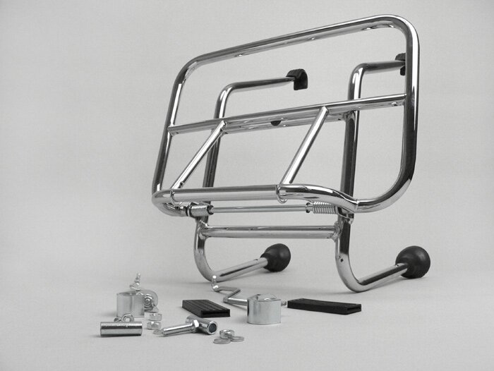 Portaequipajes delantero plegable -AMS CUPPINI Wide- Vespa Smallframe V50, PV125, ET3, Vespa Largeframe Rally180, Vespa Rally200, Sprint150, TS125, GT125, GTR125, Vespa PX80, PX125, PX150, PX200, Lambretta LI, LIS, SX, TV, DL, GP - Cromado