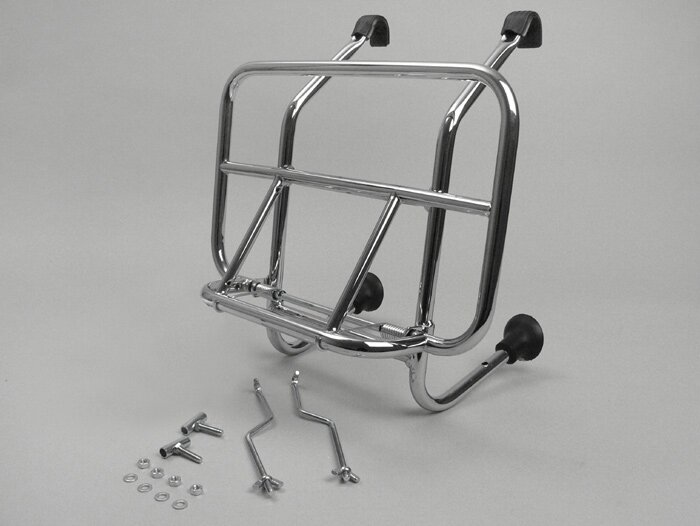 Portaequipajes delantero plegable -AMS CUPPINI de ancho medio- Vespa Smallframe V50, PV125, ET3, Vespa Largeframe Rally180, Vespa Rally200, Sprint150, TS125, GT125, GTR125, Vespa PX80, PX125, PX150, PX200, Lambretta LI, LIS, SX, TV, DL, GP - Cromado