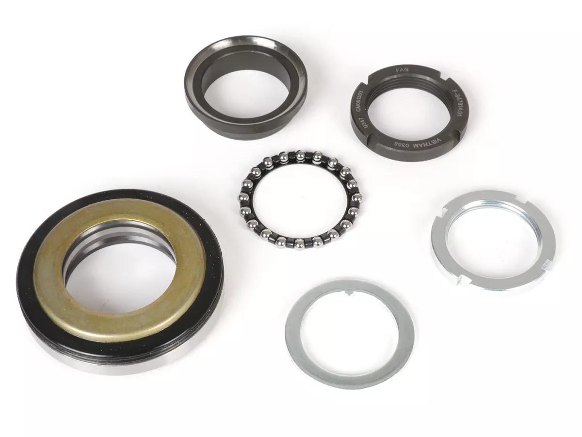 Cuffia - Cuscinetto testa sterzo -PIAGGIO- Piaggio, Gilera, Vespa - set completo superiore + inferiore (9 parti) - Vespa V50, 50N, PV, ET3, PK, PX, T5, Cosa, Rally, Sprint, Super, GS160, SS180, GTS, HPE, ET2, ET4, LX/LXV, S50-125, Sprint, Primavera, Runne