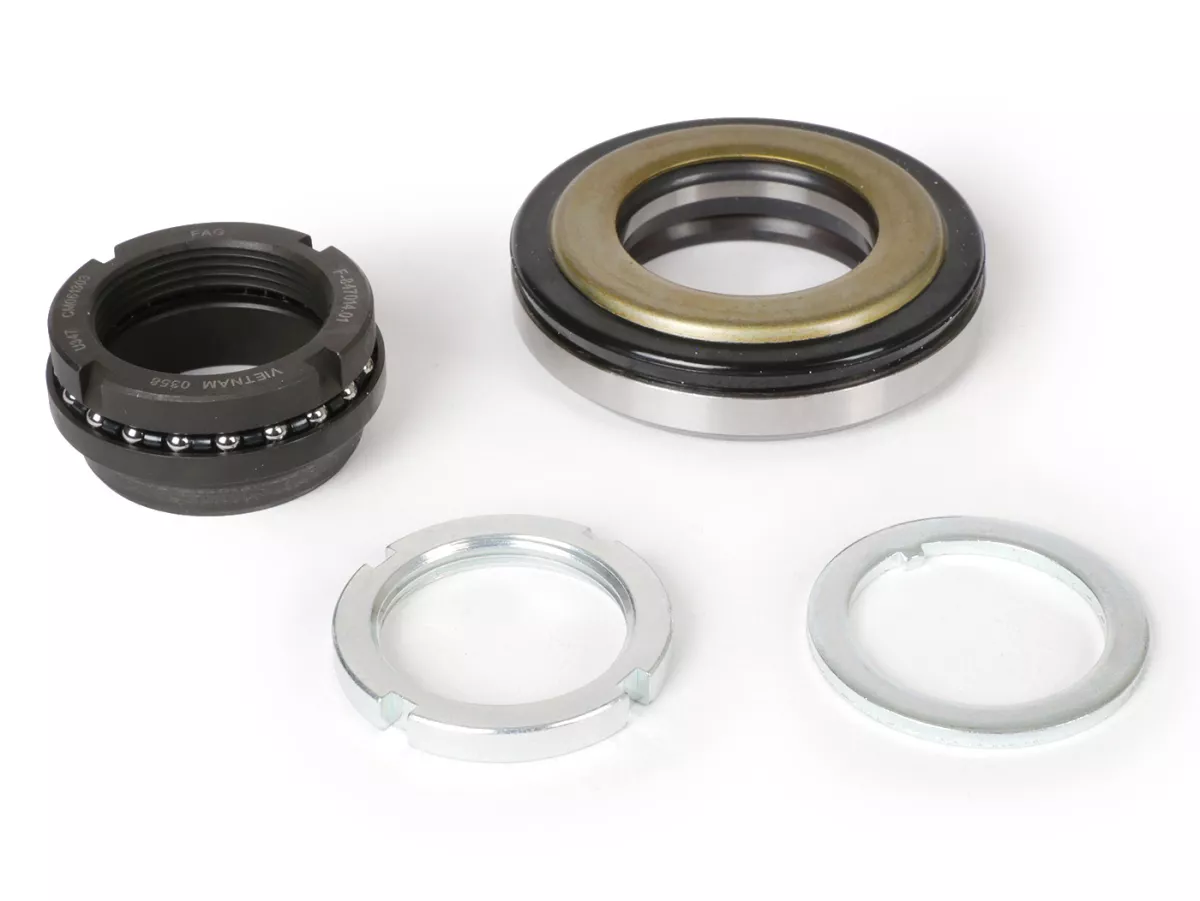 Cuffia - Cuscinetto testa sterzo -PIAGGIO- Piaggio, Gilera, Vespa - set completo superiore + inferiore (9 parti) - Vespa V50, 50N, PV, ET3, PK, PX, T5, Cosa, Rally, Sprint, Super, GS160, SS180, GTS, HPE, ET2, ET4, LX/LXV, S50-125, Sprint, Primavera, Runne