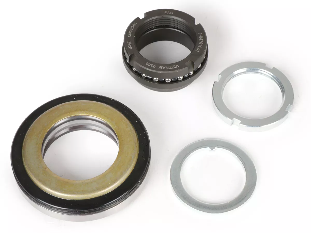 Cuffia - Cuscinetto testa sterzo -PIAGGIO- Piaggio, Gilera, Vespa - set completo superiore + inferiore (9 parti) - Vespa V50, 50N, PV, ET3, PK, PX, T5, Cosa, Rally, Sprint, Super, GS160, SS180, GTS, HPE, ET2, ET4, LX/LXV, S50-125, Sprint, Primavera, Runne
