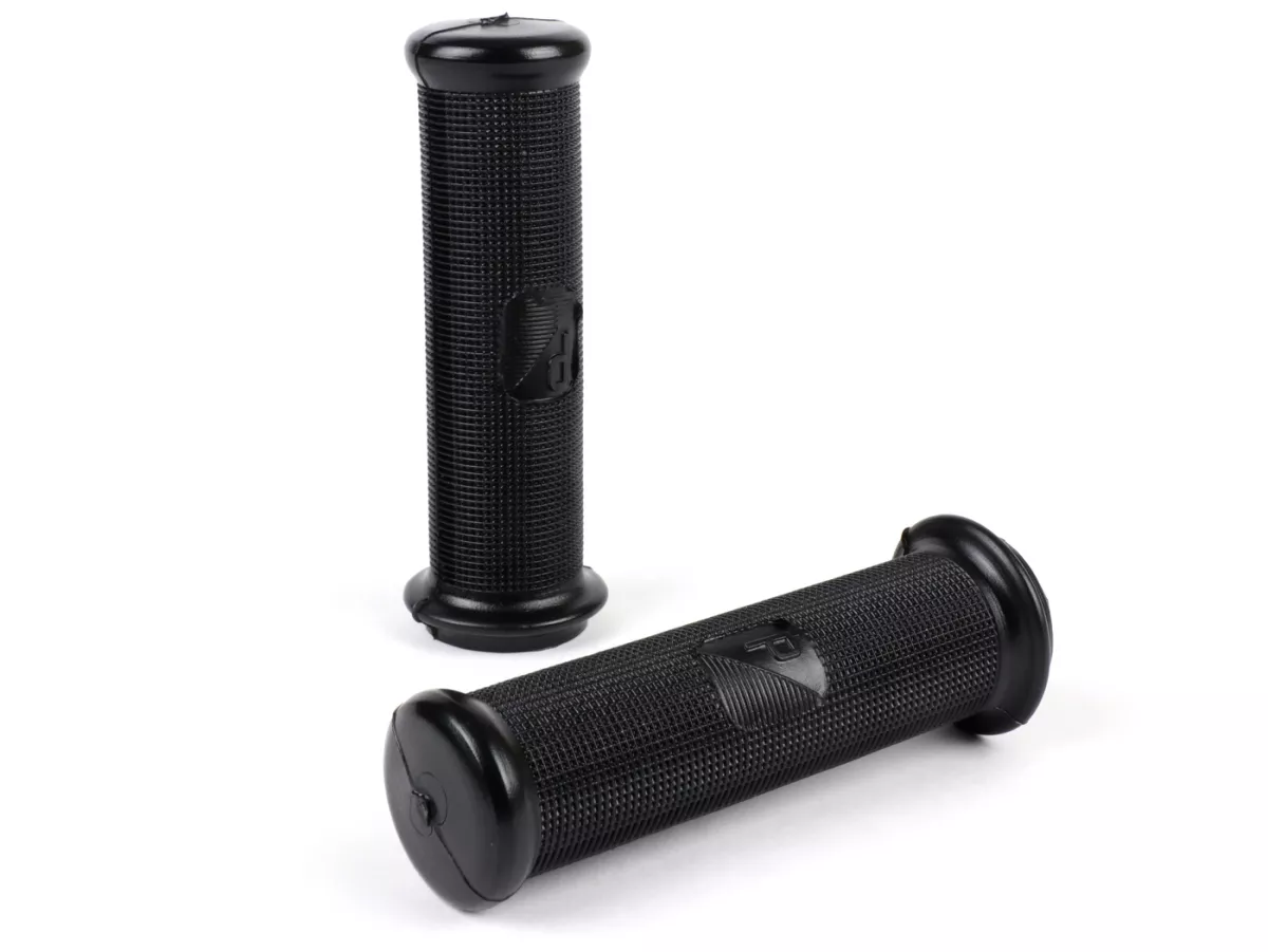 Pair of grips -VESPA Ø=24mm, l=125mm, Piaggio rectangular logo- Vespa 50N, 50L, 50R, SS50, SS90, PV125, VNA, VNB1-2, GT125 (VNL2T), GL150 (VLA1T), Super 125/150 (VNC1T/VBC1T), Sprint150 (VLB1T), SS180 (VSC1T) - fits also Vespa PE/PX, PK - black
