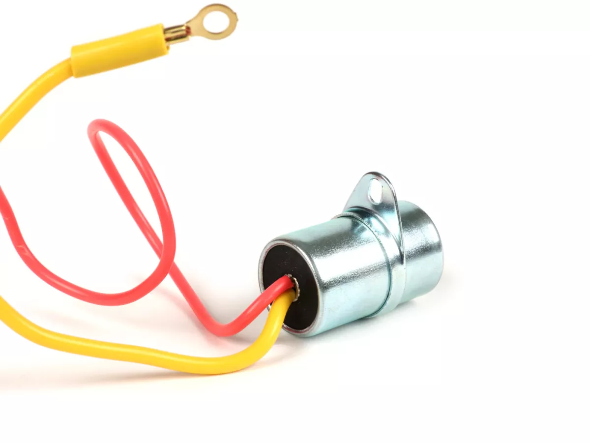 Condensator -OEM KWALITEIT-, Ø=20mm, h=31mm, µF 0.34, 2-draads- Vespa Wideframe VM1T-VM2T, VN1T-VN2T, VNA1T-VNA2T, VNB1T-VNB6T, Super, Vespa 150 VL1T-VL3T, VB1T, VS1T-VS5T, VBA1T, VBB1T-VBB2T, GL150 (VLA1T), GS160, SS180