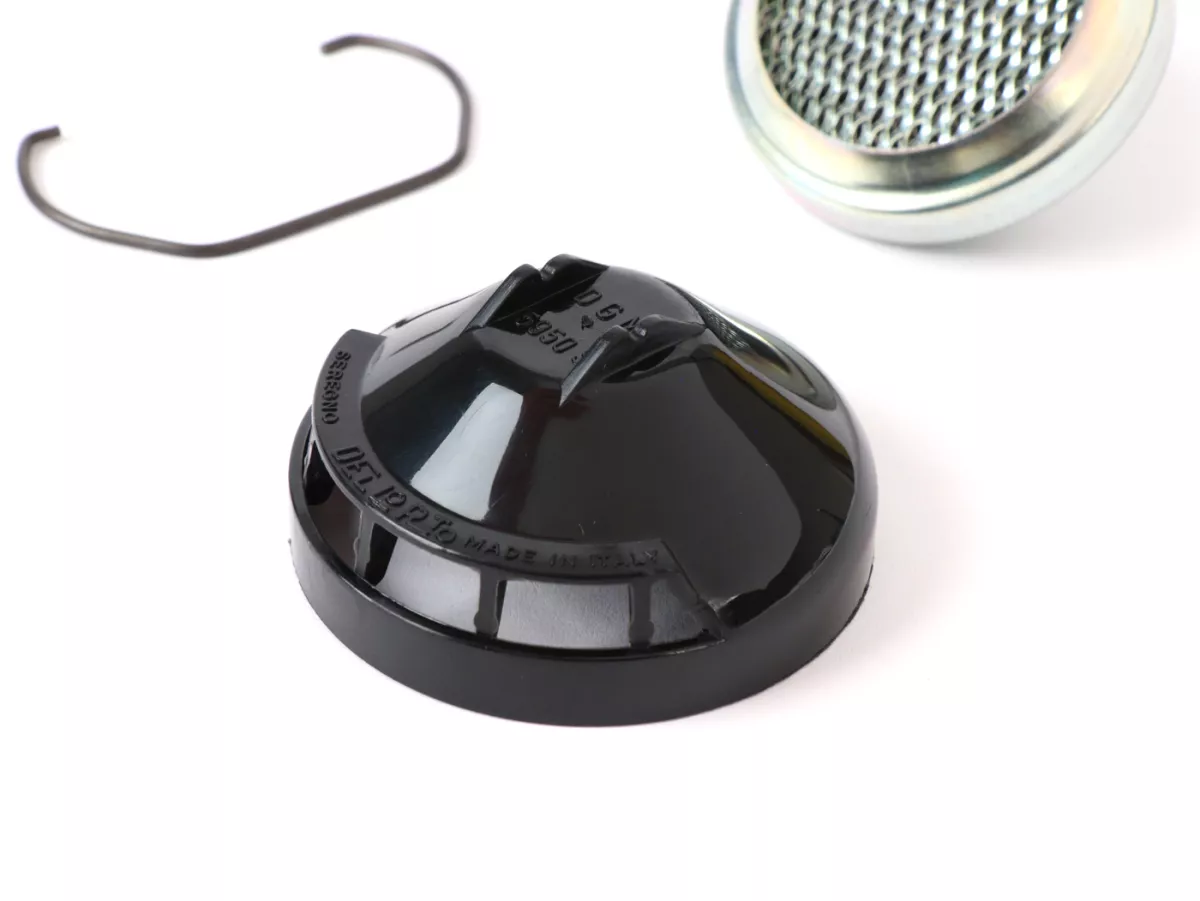 Filtro de aire completo -DELLORTO, redondo Ø56mm, para SHA14- Piaggio Ciao - incl. tapa de plástico y soporte de alambre