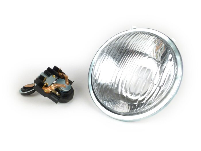 Fari -QUALITÀ OEM, Ø=115/120mm (vetro/esterno)- Vespa SS50 (V5SS1T), 50SR (V5SS2T), SS90 (V9SS1T), 90 Racer (V9SS2T), PV125 (VMA1T, VMA2T), ET3 VMB1T), Super (VNC1T/VBC1T) - vero vetro - con tappo faro