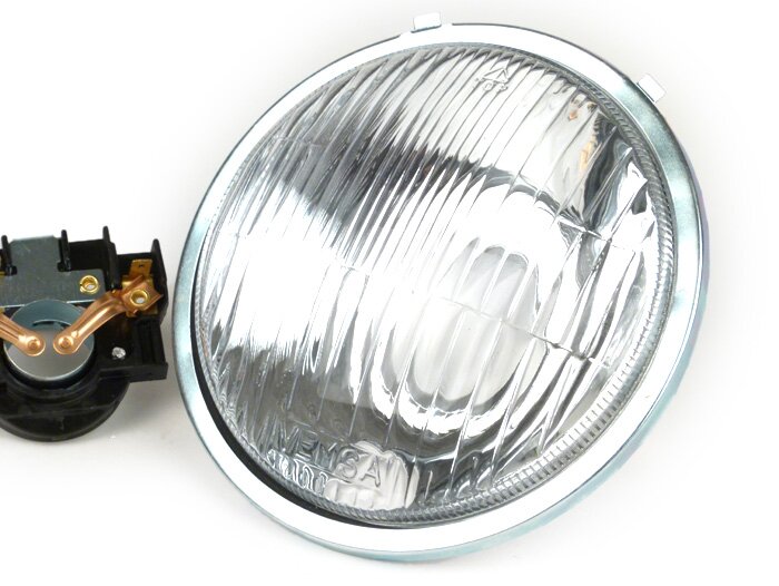 Fari -QUALITÀ OEM, Ø=115/120mm (vetro/esterno)- Vespa SS50 (V5SS1T), 50SR (V5SS2T), SS90 (V9SS1T), 90 Racer (V9SS2T), PV125 (VMA1T, VMA2T), ET3 VMB1T), Super (VNC1T/VBC1T) - vero vetro - con tappo faro