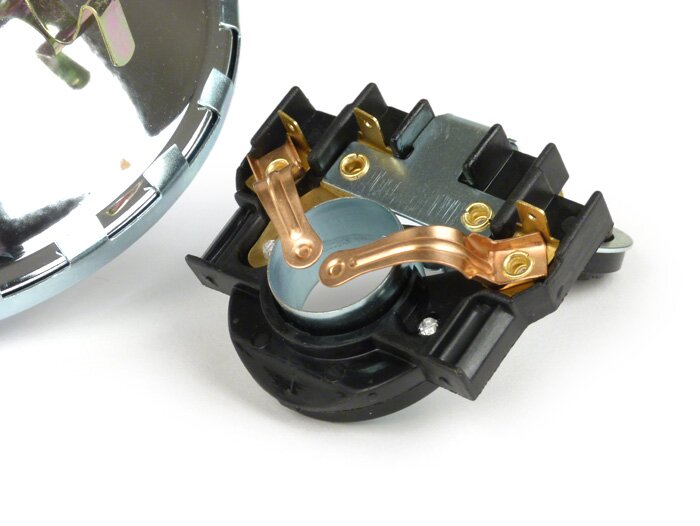 Fari -QUALITÀ OEM, Ø=115/120mm (vetro/esterno)- Vespa SS50 (V5SS1T), 50SR (V5SS2T), SS90 (V9SS1T), 90 Racer (V9SS2T), PV125 (VMA1T, VMA2T), ET3 VMB1T), Super (VNC1T/VBC1T) - vero vetro - con tappo faro