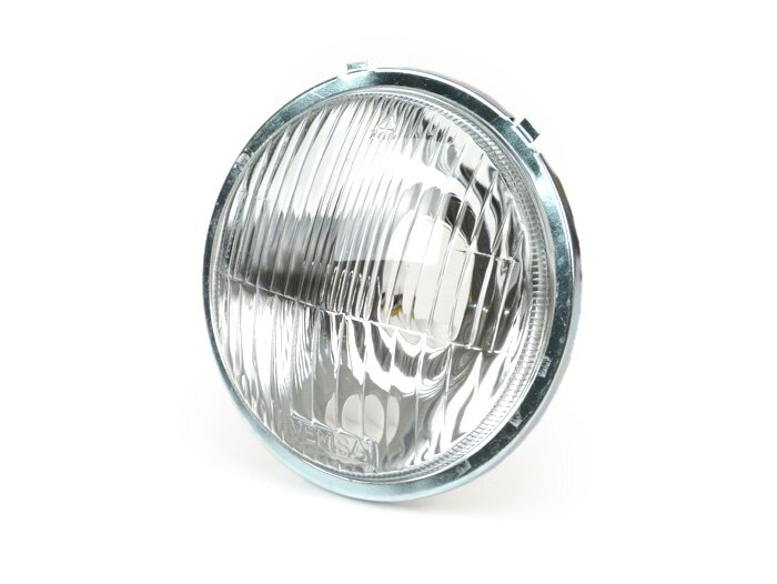Faro delantero - CALIDAD OEM, Ø=115/120mm (cristal/exterior)- Vespa SS50 (V5SS1T), 50SR (V5SS2T), SS90 (V9SS1T), 90 Racer (V9SS2T), PV125 (VMA1T, VMA2T), ET3 VMB1T), Super (VNC1T/VBC1T) - cristal auténtico - sin tapón de faro delantero