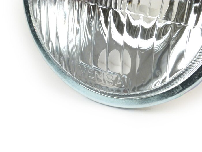 Faro delantero - CALIDAD OEM, Ø=115/120mm (cristal/exterior)- Vespa SS50 (V5SS1T), 50SR (V5SS2T), SS90 (V9SS1T), 90 Racer (V9SS2T), PV125 (VMA1T, VMA2T), ET3 VMB1T), Super (VNC1T/VBC1T) - cristal auténtico - sin tapón de faro delantero