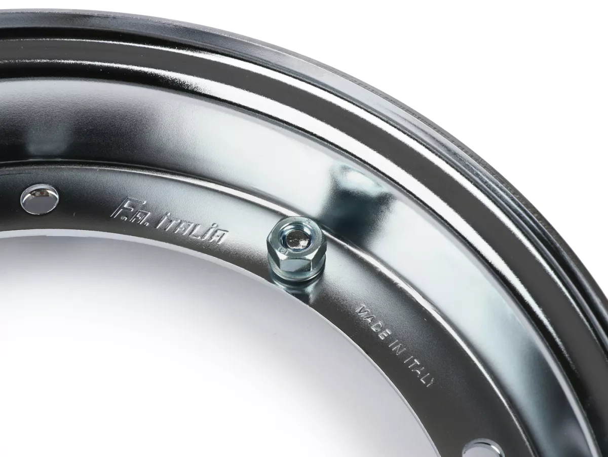 Ruota -FA ITALIA 2.10-10 pollici, acciaio- Vespa (tipo PX) - Vespa Smallframe V50, 50N, Special, PV, ET3, PK50-125 (S/XL/XL2), Largeframe PX, T5, Sprint, Rally, GT/GTR, LML Star, Deluxe - Cromata