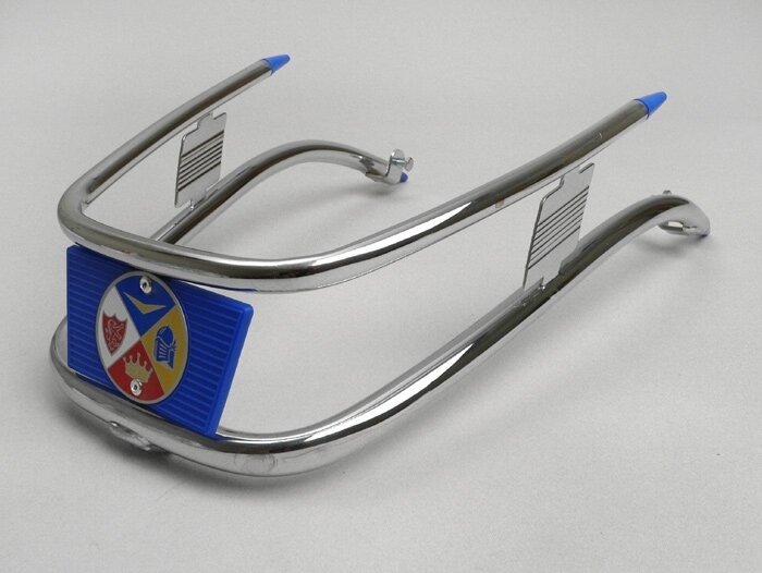 Bumper front -AMS CUPPINI- Vespa Rally180 (VSD1T), Rally200 (VSE1T), Sprint150 (VLB1T), TS125 (VNL3T), GTR125 (VNL2T) - Chrome / blue