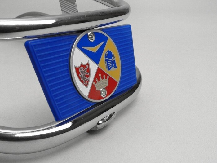Bumper front -AMS CUPPINI- Vespa Rally180 (VSD1T), Rally200 (VSE1T), Sprint150 (VLB1T), TS125 (VNL3T), GTR125 (VNL2T) - Chrome / blue