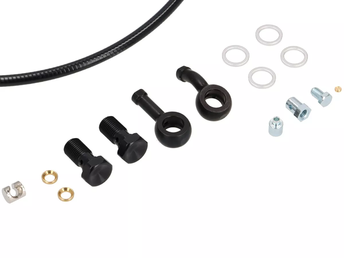 Ombyggnadssats bromspump semi-hydraulisk -GRIMECA- Vespa PK, PX, T5 125cc, Cosa - inkl. huvudbromscylinder Ø13mm, bromskabel, bromsledning Spiegler Modular - svart