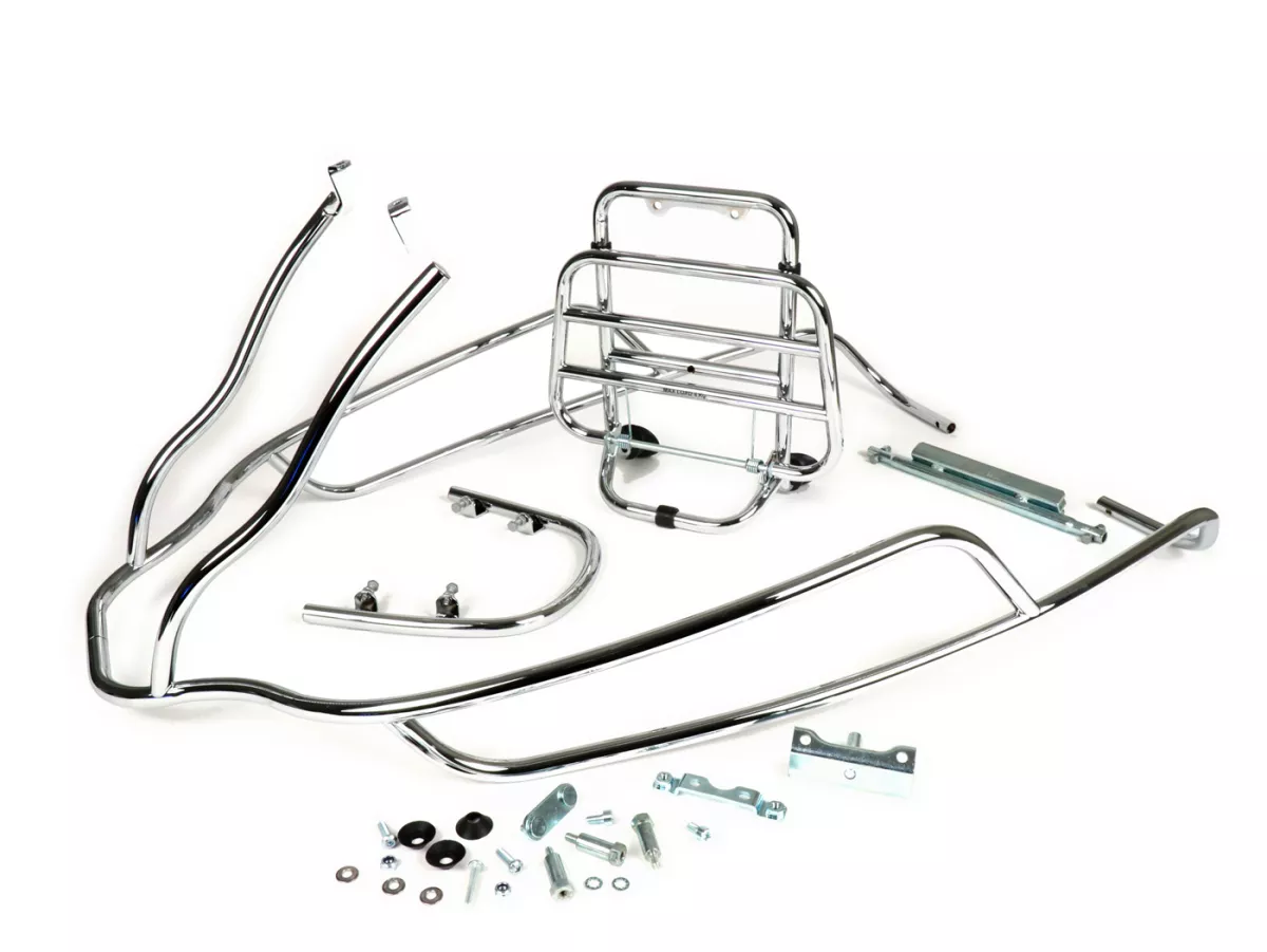 Chroomkit incl. bumper, valbeugel achter en opklapbaar bagagerek voor -PIAGGIO- Vespa GTV, GTS, GTS Super, GT60 - 125-250-300cc - chroom