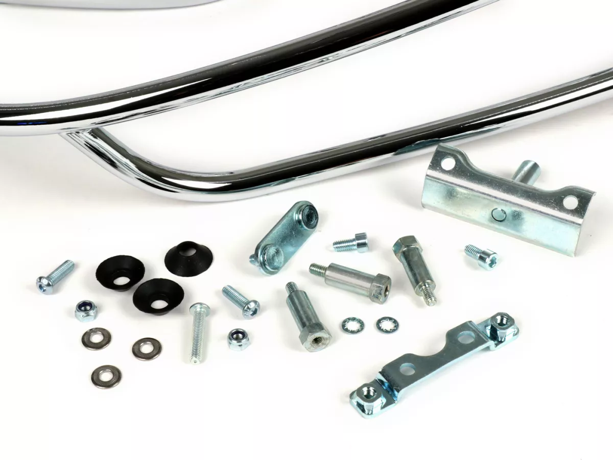 Chroomkit incl. bumper, valbeugel achter en opklapbaar bagagerek voor -PIAGGIO- Vespa GTV, GTS, GTS Super, GT60 - 125-250-300cc - chroom