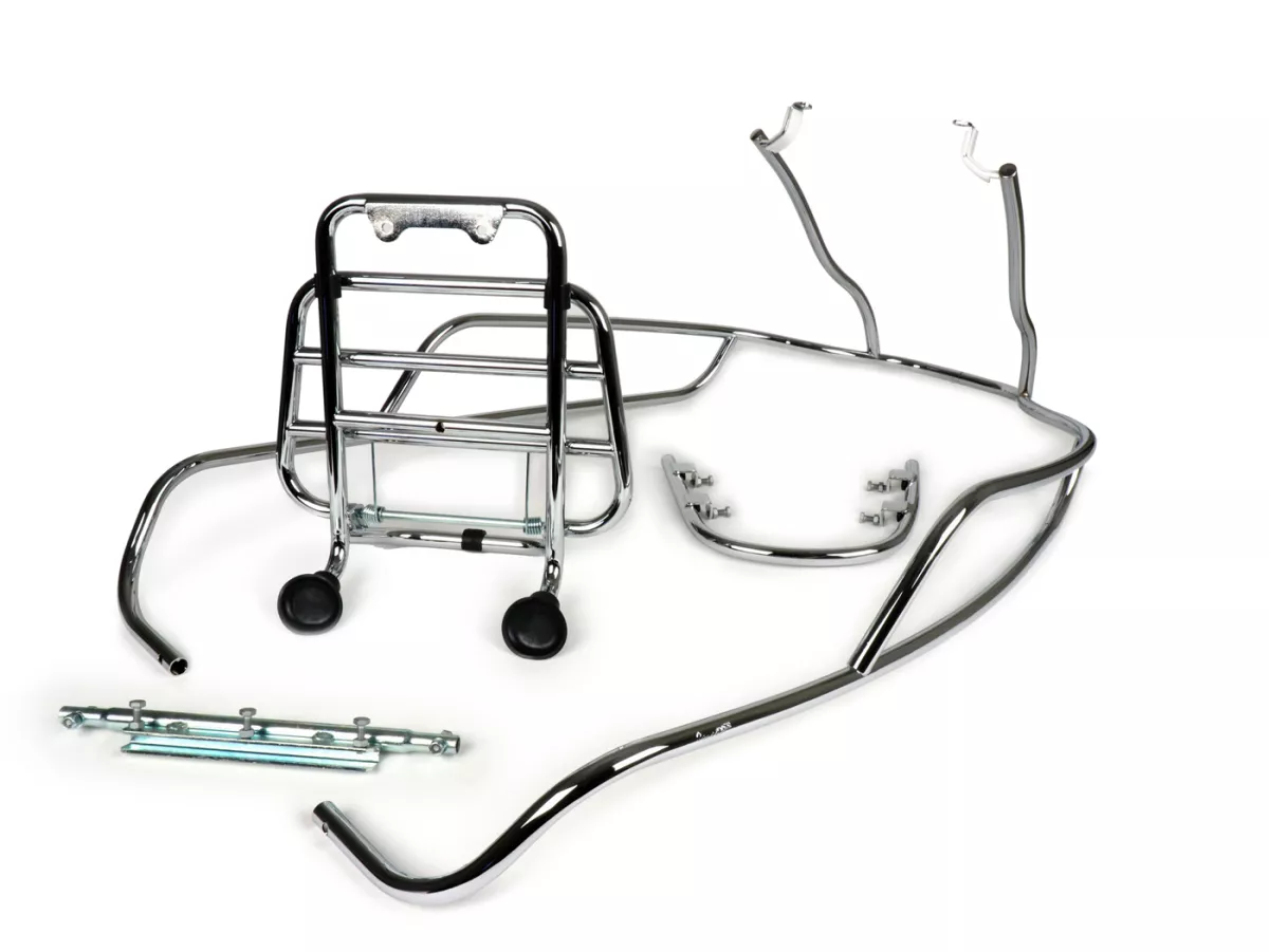 Chroomkit incl. bumper, valbeugel achter en opklapbaar bagagerek voor -PIAGGIO- Vespa GTV, GTS, GTS Super, GT60 - 125-250-300cc - chroom