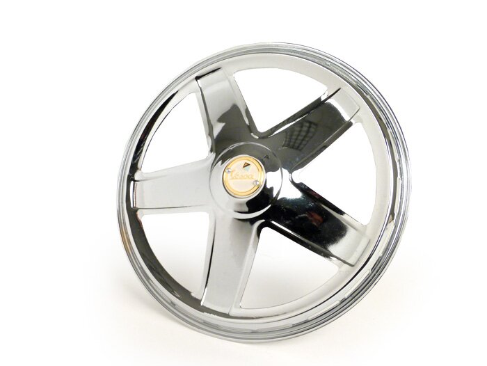 Naafdop -PIAGGIO, Ferrarina, 5-spaaks, Vespa embleem, jaren '50 - voor open 10 velg - Vespa V50, V90, PV125, ET3, PK, GT, GTR, TS, GL, GS VS5T, Sprint, T4, Rally, PX, T5 125cc - chroom