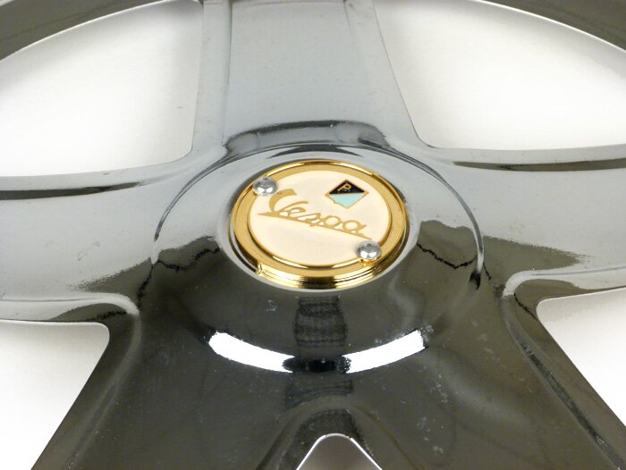 Naafdop -PIAGGIO, Ferrarina, 5-spaaks, Vespa embleem, jaren '50 - voor open 10 velg - Vespa V50, V90, PV125, ET3, PK, GT, GTR, TS, GL, GS VS5T, Sprint, T4, Rally, PX, T5 125cc - chroom