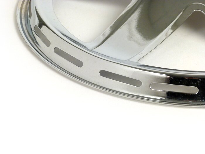 Naafdop -PIAGGIO, Ferrarina, 5-spaaks, Vespa embleem, jaren '50 - voor open 10 velg - Vespa V50, V90, PV125, ET3, PK, GT, GTR, TS, GL, GS VS5T, Sprint, T4, Rally, PX, T5 125cc - chroom
