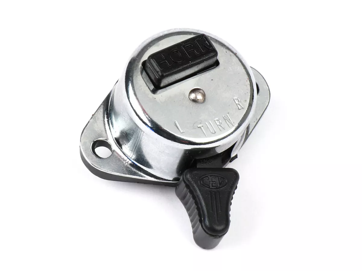 Indikatorbrytare med integrerad hornknapp -CEV (NOS)- Vespa V50 S, SR50, V50 R, V90, SS90, Nuova 125, PV125, ET3, Super, GS150 / GS3, GS160 / GS4 (VSB1T), Sprint, Rally180 (VSD1T), Rally200 (VSE1T) - passar även för USA-modeller