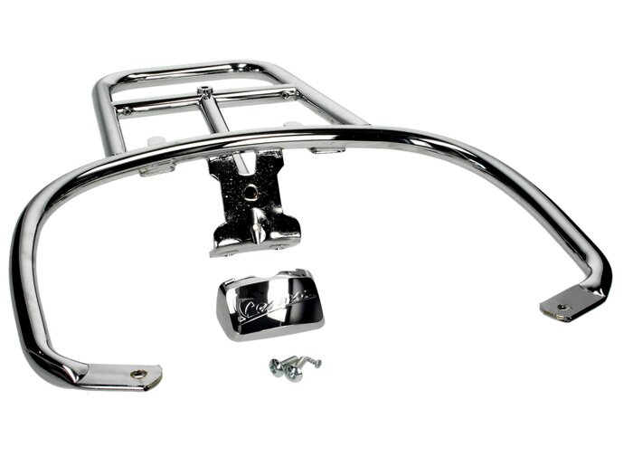 Rak bagasi belakang -PIAGGIO, dengan pegangan pegangan penumpang, untuk jenis bagasi atas Vespa LX - Vespa GT, GTL, GTV, GTS, GTS Super, GT60 - 125-200-250-300cc - chrome