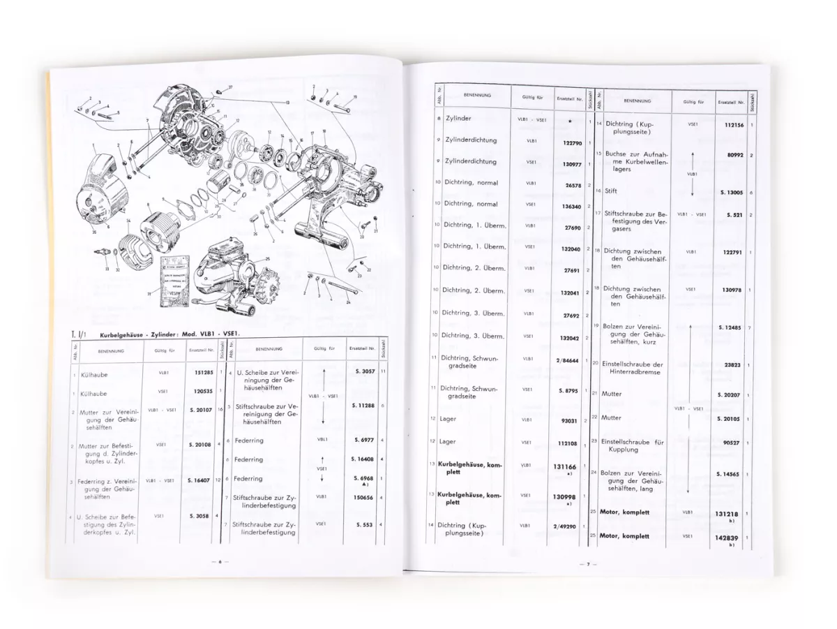 Onderdelencatalogus met explosietekeningen (Duits) -VESPA- Vespa (bouwjaar 1965-1978), Vespa V50 (V5A1T), V50 Sprinter (V5SS2T), V50 Special (V5B1T), V50 Elestart (V5B2T), PV125 Primavera (VMA2T), Sprint 150 (VLB1T), Rally 200 (VSE1T)