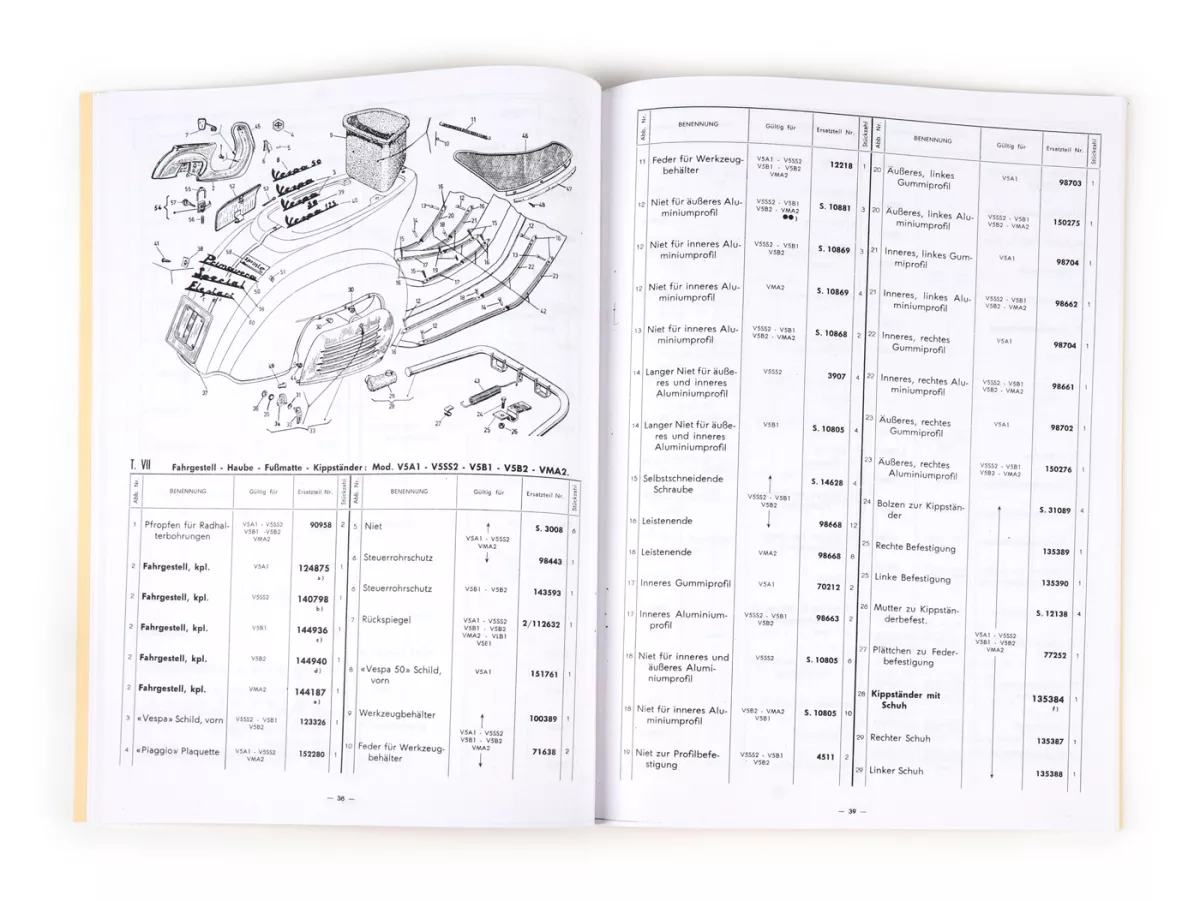 Onderdelencatalogus met explosietekeningen (Duits) -VESPA- Vespa (bouwjaar 1965-1978), Vespa V50 (V5A1T), V50 Sprinter (V5SS2T), V50 Special (V5B1T), V50 Elestart (V5B2T), PV125 Primavera (VMA2T), Sprint 150 (VLB1T), Rally 200 (VSE1T)