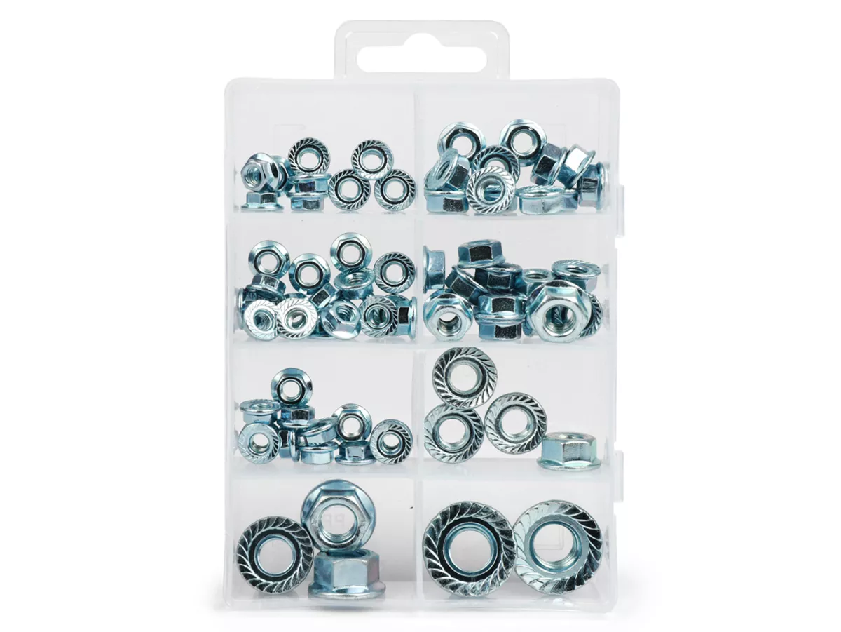 Assortimento di dadi flangiati -OEM- DIN6923 (dente a cricchetto), M5-M12, 78 pezzi.