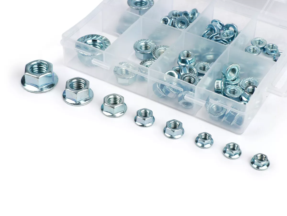 Assortimento di dadi flangiati -OEM- DIN6923 (dente a cricchetto), M5-M12, 78 pezzi.