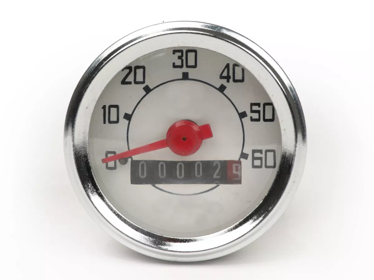 Velocímetro -IMPORT- Vespa Ciao, V50 Ø=48mm - 60km/h (logo rectangular, esfera blanca, dígitos negros)