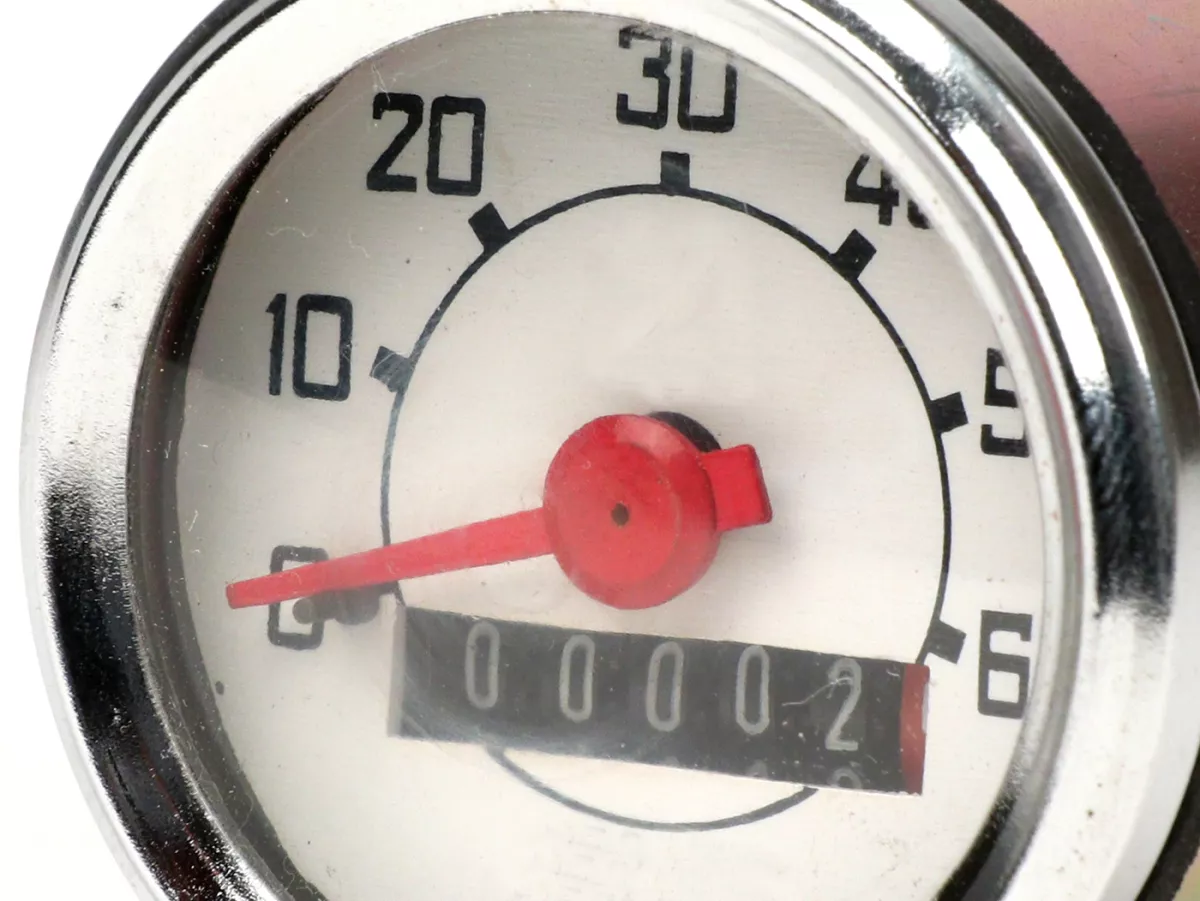 Velocímetro -IMPORT- Vespa Ciao, V50 Ø=48mm - 60km/h (logo rectangular, esfera blanca, dígitos negros)