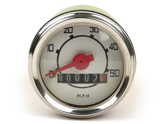 Velocímetro -IMPORT- Vespa V50 Ø=48mm - 50mph (logo rectangular, esfera blanca, dígitos rojos)