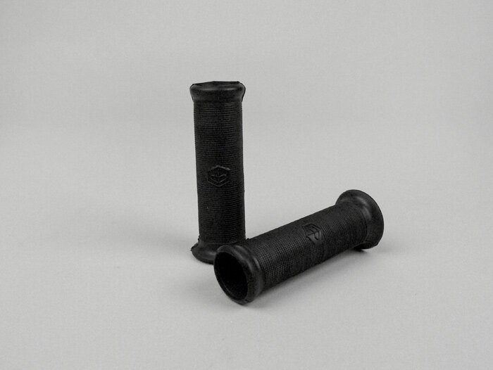 Pair of grips for handlebar indicators -PREMIUM Ø=21mm l=120mm, Piaggio hexagonal logo- retro fit VNB3T, VNB4T, VNB5T, VB1T, VBA, VBB, VGL1T, Touren, T4 (VGLA, VGLB), GS150 (VS2-5), GS160/GS4 - black