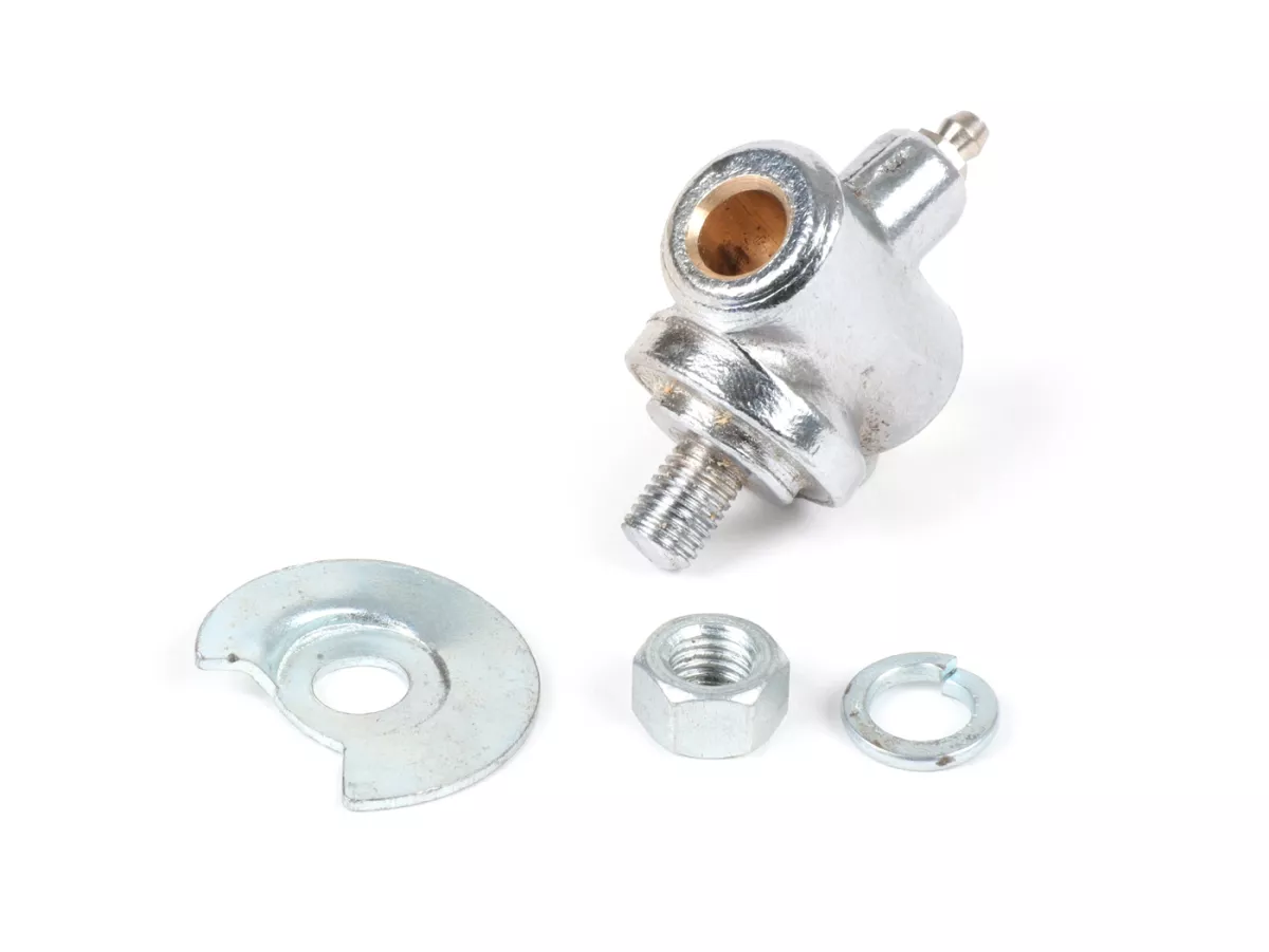 Spring bracket set (incl. spring plate and grease nipples) for front shock absorber, base fork/fork link -OEM QUALITY- Largeframe Sprint (VLB1T), Rally (VSD/VSE), GT/GTR125 (VNL2T), Super (VNC/VBC), TS125 (VNL3T), VNA, VNB, VBA, VBB, Vespa Wideframe V1-15