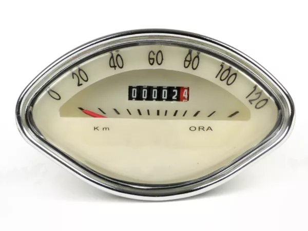 Tacho -IMPORT- Vespa VBA, VBB, GL150 (VLA1T), GT125 (VNL2T), GTR125 (VNL2T), Sprint150 (VLB1T), GS150 / GS3 (VS5T), GS160 / GS4 (VSB1T), SS180 (VSC1T) - rechteckiges Logo  120km/h -