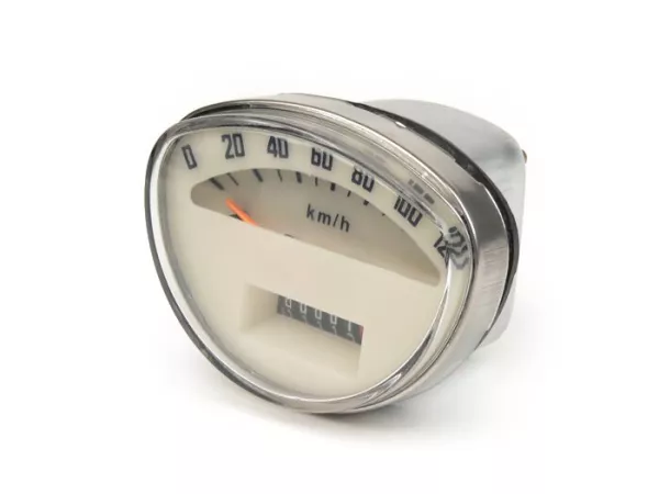 Snelheidsmeter -OEM KWALITEIT- Vespa Rally180 (VSD1T), Rally200 (VSE1T), Sprint, PV125 - 120km/h (witte wijzerplaat, zwarte cijfers)