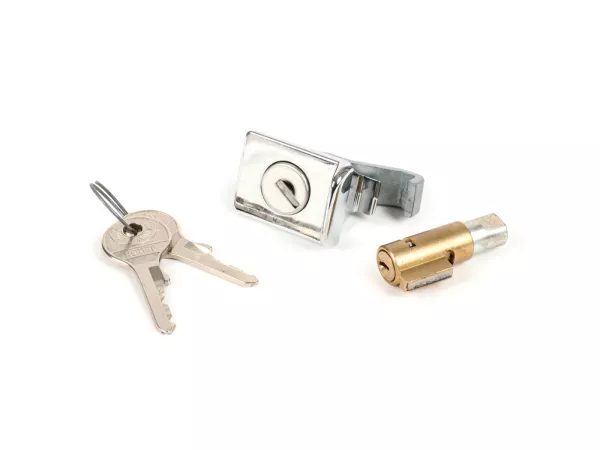 Juego de cerraduras -PIAGGIO (NOS) (Original NEIMAN) 38,5x4mm- Vespa PX(-1984), V50 Special(V5A2T/V5A3T), GT125(VNL2T 62685-), GTR125(VNL2T), TS(VNL3T), PV125(VMA2T 028960-), ET3(VMB1T), Super 150(VBC1T) - 2 piezas (cerradura dirección + cerradura maleter