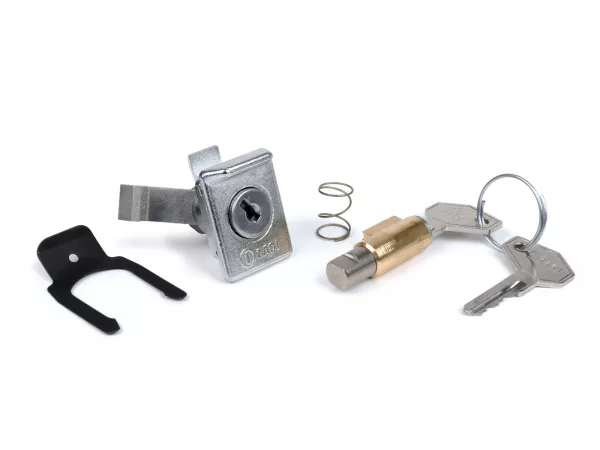 Schloss-Set -OEM QUALITÄT, 38,5x4mm- Vespa PX (-1984), V50 Special (V5A2 bis 3T), GT125 (VNL2T, ab 62685), GTR125 (VNL2T), TS (VNL3T), PV125 (VMA2T, ab 028960), ET3 (VMB1T), Super 150 (VBC1T) - 2-teilig