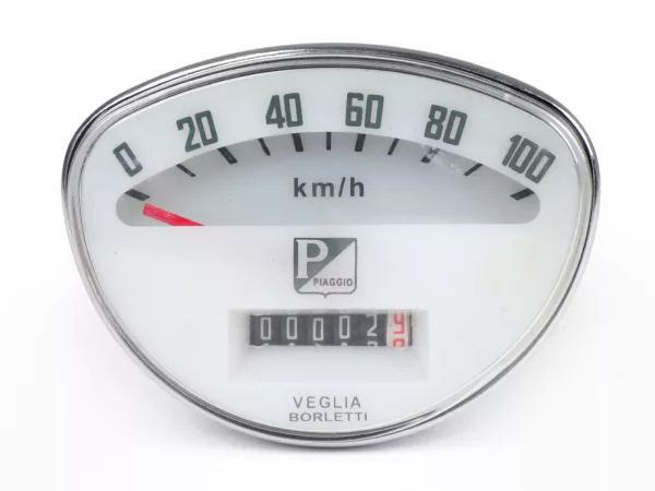 Snelheidsmeter -PIAGGIO 100km/h (1965-1971 oud rechthoekig logo)- Vespa 50 Super Sprint (SS50, V5SS1T), Super Sprint 90 (SS90, V9SS1T), 125 Nuova (VMA1T), 125 Primavera (PV125, VMA2T -22874), 125 Super (VNC1T -10399), 150 Super (VBC1T -13599) - 100km/h (w