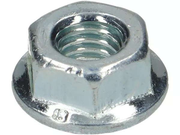 Moer met flens (rateltand) -DIN 6923- M6 x 1,0 (gebruikt voor cilinderkop Piaggio 50 ccm 2-takt, Minarelli 50 ccm (verticaal), Morini 50 ccm (type AH))